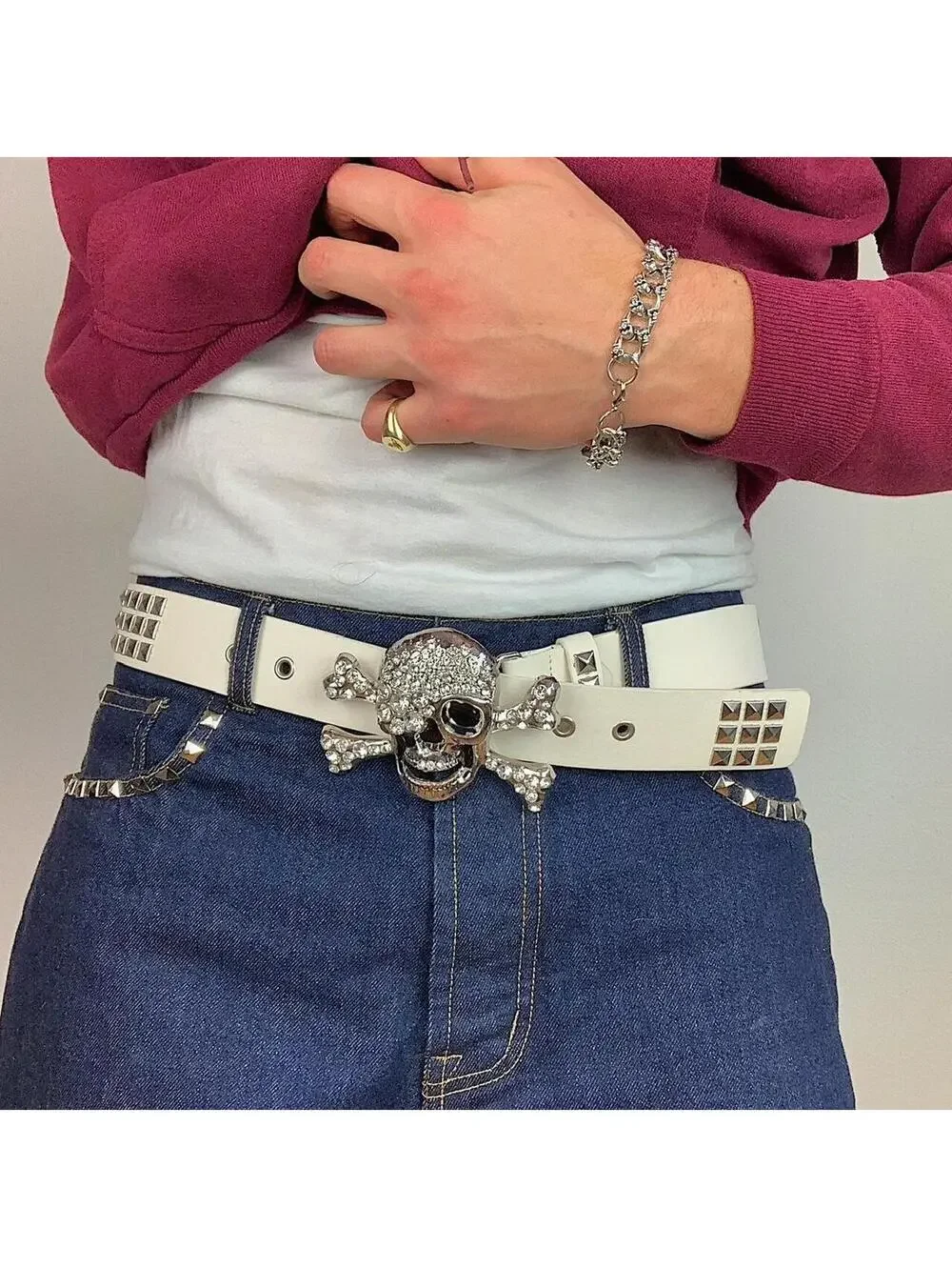 Vintage y2k 2000s Punk Style Diamond Studded Skeleton white essential belt